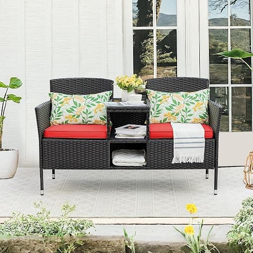 Devoko Outdoor Patio Loveseat Modern Rattan 2-Seat Patio Conversation Set with Cushions & Built-in Coffee Table Porch Furniture for Garden Lawn Backyard (Red) thumbnail 2