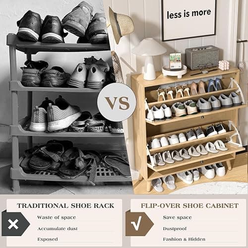Fsbecl Shoe Storage Cabinet for Entryway with 2 Flip Drawers, Narrow Wood Shoe Cabinet with Fluted Panel, Freestanding Hidden Shoe Organizer for Foyer, Hallway (Wood Color) thumbnail 6