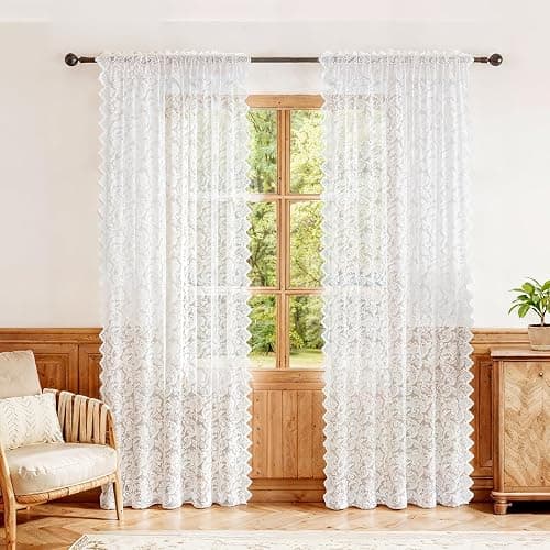 Rinwoc White Lace Semi-Sheer Curtains – Vintage Floral Lace for Bedroom/Bathroom, Light Filtering Rod Pocket Drapes, Privacy Chic Window Treatments Scalloped Hem, 52W x 72L Inch, 2-Panel Set thumbnail 2