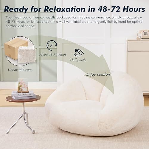 LVHOM 3.28 Feet Bean Bag Chair for Adults, Shell-Shaped Bean Bag Lazy Couch, Faux Fur Cloud Sofa Chair, Lounge Floor Sofa with Filler for Reading, Gaming & Watching, No Assembly Required (Beige) thumbnail 8