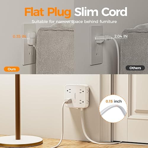 TESSAN Flat Plug Extension Cord, 5 Ft Surge Protector Power Strip with 3 USB (1 USB C) 8 Outlets, 900J Surge Protection, 3 Sided Outlet Extender with Power Switch for Dorm Room Essentials, White thumbnail 4