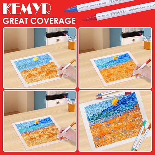 KEMYR 100 Colors Acrylic Paint Pens, Dual Tip brush and fine tip Acrylic Paint Markers for Paper, Wood, Canvas, Stone, Rock Painting, Glass, Fabric, DIY, Ceramic, Art Supplies thumbnail 2