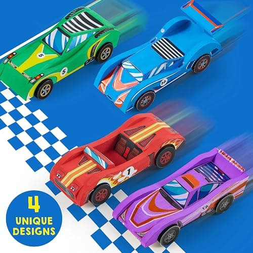 Klever Kits 4 DIY Wooden Race Cars-Build & Paint Your Own Wood Craft Kit, 4 Race Cars Toy, Easy to Assemble Arts Crafts Kit, Birthday Party Presents for Kids Boys and Girls thumbnail 7