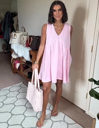 Tomosc Sleeveless Mini Dress for Women 2025 Summer Casual V Neck Sundress Loose Babydoll Dress with Pockets thumbnail 3