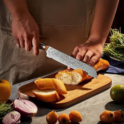 SENKEN 7-Piece Damascus Kitchen Knife Set - Dynasty Collection - 67-Layer Japanese VG10 Steel with Sycamore Wood Handles, Chef's Knife, Cleaver, Bread, Santoku, Boning, & More thumbnail 5