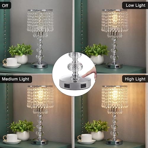 Acaxin Crystal Table Lamps for Bedroom Nightstand - Touch Bedside Lamps with Two USB Charging Ports Silver, 3 Way Dimmable Small Glam Lamp for Girls, Night Stand Lamp for Living Room thumbnail 5