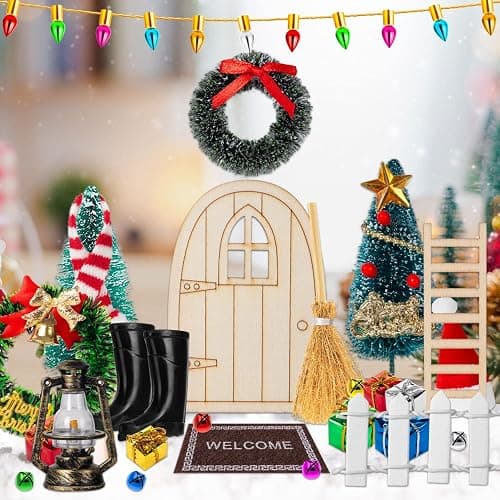 38Pcs Doll House Christmas Decoration, Miniature Christmas Dollhouse Accessories Fake Light Door Mini Xmas Tree 1:12 Miniature Scene Model Pretend Toys DIY Festival Holiday Party Favors thumbnail 2