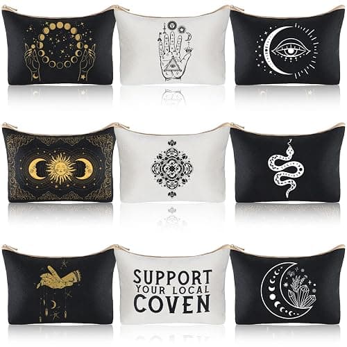 Tessco 9 Pieces Moon Witch Zipper Pouch Bag Tarot Cards Phase Bag Witch Purse Gothic Aesthetic Canvas Makeup Bags Witchy Crystals Toiletry Bags Witchcraft Snake Cosmetic Bags for Women Girls - Image 1
