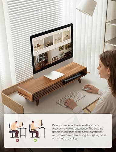 Tinamo 24" Wood Monitor Stand Riser with Sliding Door and Cable Management | Acacia Wood, Ergonomic Design, Fits Most 24"-32" Monitors, Non-slip, Hidden Multi-purpose Storage, All Hardware Included thumbnail 6