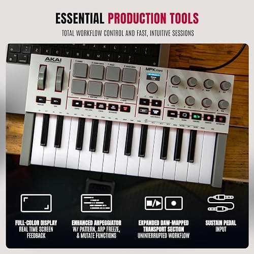 Akai Professional MPK Mini IV USB-C MIDI Keyboard Controller for Beginners and Producers - MPC Drum Pads, 360° Knobs, Pitch and Mod Wheels, Production Software, Native Instruments Sound Package, Grey thumbnail 5