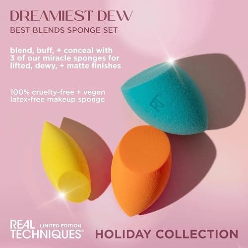 Real Techniques Dreamiest Dew 3 Piece Holiday Gift Set, Makeup Sponges For Blending Foundation & Concealer, Matte Or Dewy Base Application, Stocking Stuffer, Limited Edition, Latex-Free Foam thumbnail 2