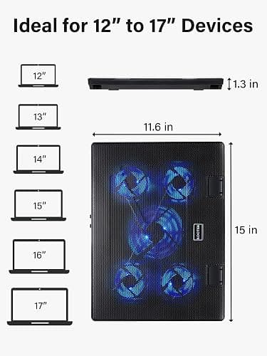 Kootek Laptop Cooling Pad, Laptop Cooler with 5 Quiet Fans for 12"-17" Computer PC Notebook Gaming Laptop Fan, Height Adjustable Laptop Cooling Stand Laptop Accessories, Blue thumbnail 7