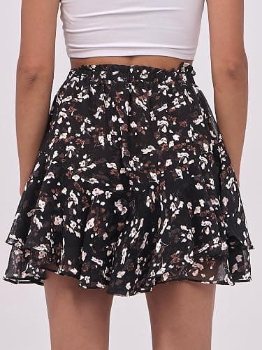 Caracilia Skorts for Women Boho Casual Beach Mini Skirts Summer Floral Ruffle Chiffon Flowy Shorts 2025 Trendy Outfits - Black Beige Floral - Small thumbnail 4