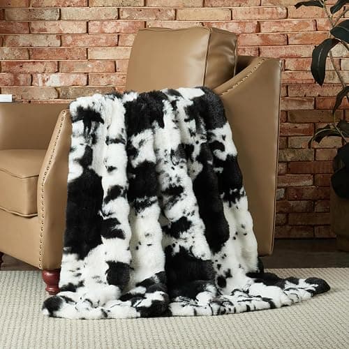 Lotus Karen Faux Fur Throw Blanket Cow Print-Black, Fluffy Fuzzy Plush Bubble Blanket for Couch, 60x50 Inches Cozy Shaggy Rabbit Blanket, Luxury Decorative Gifts for Sofa Bedroom Living Room. thumbnail 3