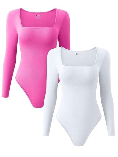 OQQ Women's 2 Piece Bodysuits Sexy Ribbed One Piece Square Neck Long Sleeve Tops - Image 1