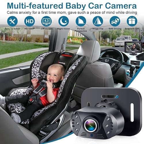 Baby Car Camera Ease Installation - Gift for Newborn Protect Baby's Eyes Color Image Clear Night Vision HD 1080P No-Sloshing Hide Lights 150° Wide View Angle for 3 Kids - LK12 thumbnail 4