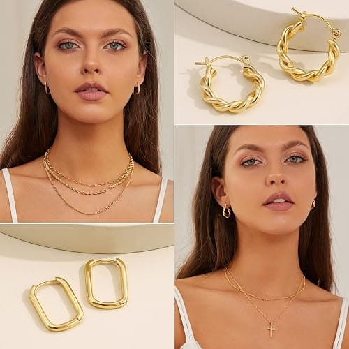 Hoop Earrings Set for Women, 6 Pairs 14K Gold Plated Lightweight Hypoallergenic Chunky Open Twisted Hoops Earrings Pack Jewelry thumbnail 6