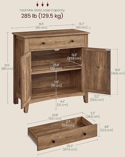 VASAGLE LIRY Collection - Buffet Cabinet, Coffee Bar Cabinet with a Drawer, Adjustable Shelf, Sideboard Storage with Cable Hole, Drawer Divider, Honey Brown UBBK341K01 thumbnail 2