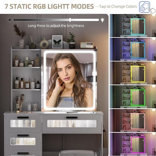 Gurexl RGB Vanity Desk with Sliding Mirror and Lights,Glass Top Makeup Vanity with Wireless Charging Station,7 Dynamic and 7 Static Dimmable Dressing Table with 5 Drawers,Shelves,Hooks,Stool thumbnail 5