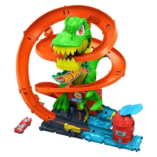 Hot Wheels Toy Car Track Set, City T-Rex Blaze Battle Playset & 1:64 Scale Die-Cast Vehicle, 18” Tall, Multiple Race Outcomes, Spinning Dinosaur Eyes thumbnail 4