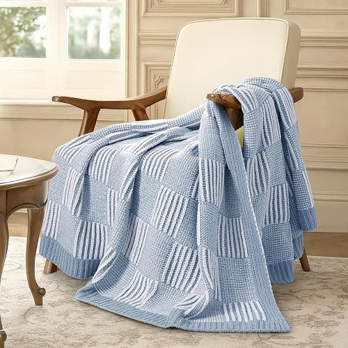 Amélie Home Checkered Knit Throw Blanket for Couch, Chenille Texture Decorative Soft Blanket for Sofa & Chair, 50"x60", Blue & White thumbnail 2