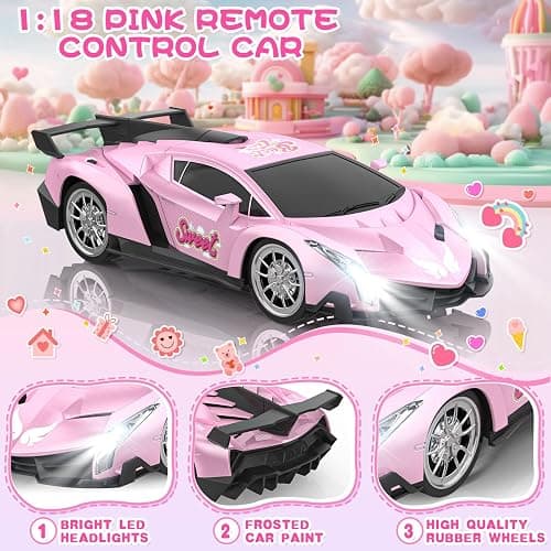 Growsland Remote Control Car for Girls, 1:18 Pink RC Cars Toys for Kids Girl Electric Vehicle Toy Car Hobby Racing Car with Lights & Controller, Birthday Gifts for Girl Boys Age 3 4 5 6 7 8 9 Year Old thumbnail 3