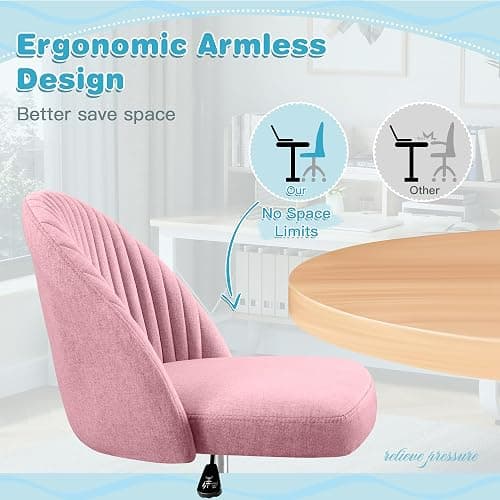 Furniwell Office Chair Armless Cute Desk Chair Modern Adjustable Swivel Vanity Task Computer Chair Home Office Desk Chairs with Wheels (Fabric, Pink) thumbnail 8