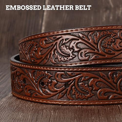 SANSTHS Western Cowboy Belts for Men Women, Mens Western Belt Bull Buckle Country Belt Cowboy Leather Belt for Jeans thumbnail 4