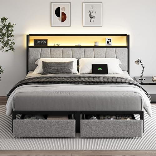 CIKUNASI Full Size Bed Frame with Headboard and Storage Drawers Platform Bed Frame with Storage Chargin Station LED Light Bedframe Heavy Duty No Box Spring Needed - Image 1