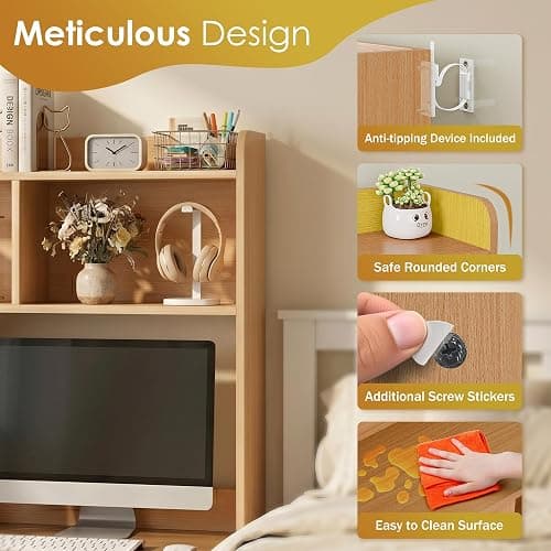 JupiterForce Desktop Bookshelf, Wooden Desktop Hutch Desk Shelf Storage Rack for Home Office, Study, Dorm Room, Multi-Compartment Desktop Organizer (Natural, 4 Shelves) thumbnail 6