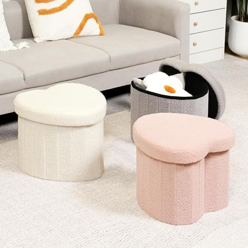 B FSOBEIIALEO Storage Ottoman Cube, Heart Shaped Ottomans with Storage Foot Stool Footrest for Lving Room, Boucle Ottoman Seat for Dorm Room,Faux Teddy Fur, Pink 15"x15"x15" thumbnail 8