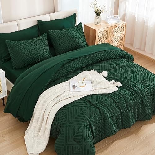 Andency Queen Comforter Set 7 Piece Dark Emerald Green - Bed in a Bag Queen Boho Lightweight Fluffy Tufted Bedding Sets with Comforter, Sheets, Pillowcases & Shams thumbnail 2