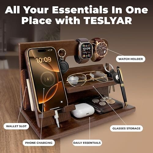 TESLYAR Wood Phone Docking Station for Men - Desk or Nightstand Organizer - Birthday Gifts for Husband, Dad - Anniversary Idea from Wife - Key Holder, Stand Wallet, Watch & Essentials (Bourbon Brown) thumbnail 4