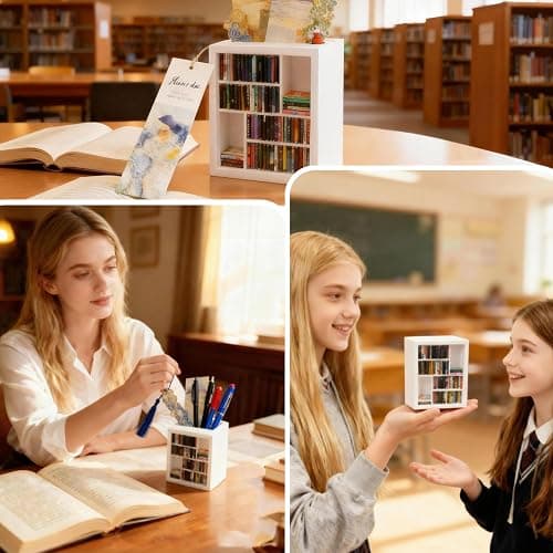 VDFZHL Bookmark Holder Mini Bookshelf for Book Lovers, Decorative Bookmark Display with 100 Mini Books, Small Anxiety Bookshelf, Bookish Gifts and Bookish Items for Reading Nooks (White) thumbnail 5