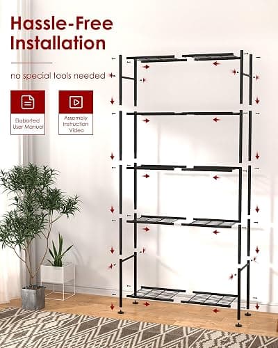 Sakugi Storage Shelves - 5 Tier Shelf Organizer, Heavy Duty Garage Shelving Unit with Leveling Feet, Stable Metal Shelves Organizer for Pantry, Kitchen and Closet, 33.0" W x 12.6" D x 72.0" H, Black thumbnail 8