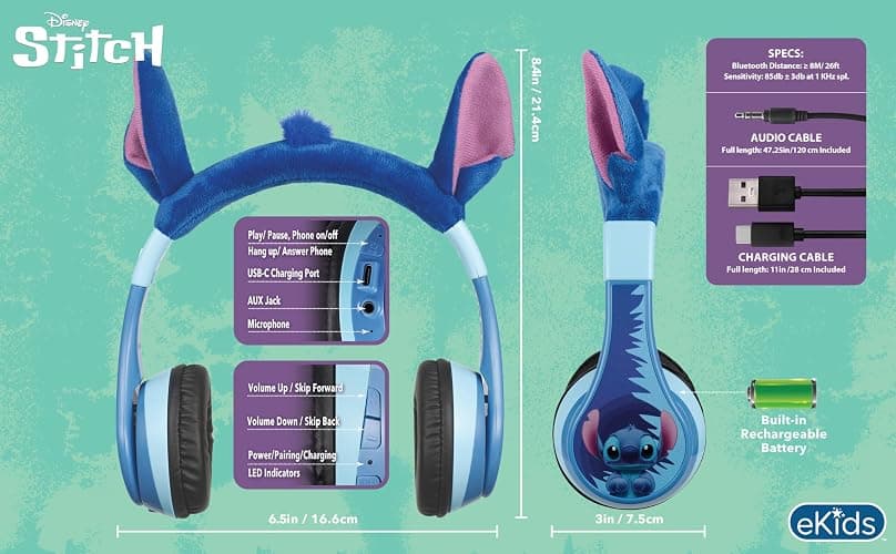 eKids Disney Stitch Bluetooth Headphones, Wireless Headphones with Microphone Includes Aux Cord, Volume Reduced Kids Foldable Earphones for School, Home, or Travel thumbnail 4