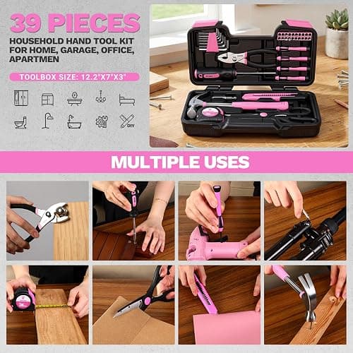 DEKOPRO 39-Piece Pink Household Tool Kit for Women, Basic Hand Tool Set with Plastic Toolbox Storage Case, Small Starter Tool Box Set for Home Repairs, DIY Projects, Crafts and Dorm Essentials thumbnail 6