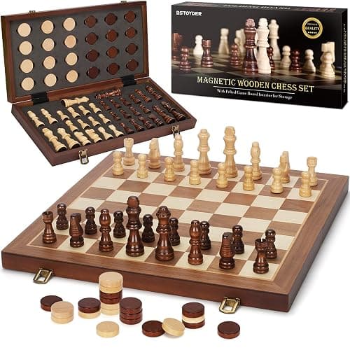 2 in 1 Magnetic Wooden Chess and Checkers Board Game Set, 15" Folding Chess Boards with 2 Extra Queens, Portable Travel Chess Sets with Pieces Storage Slots, Beginner Chess Game Set for Kids, Adults - Image 1