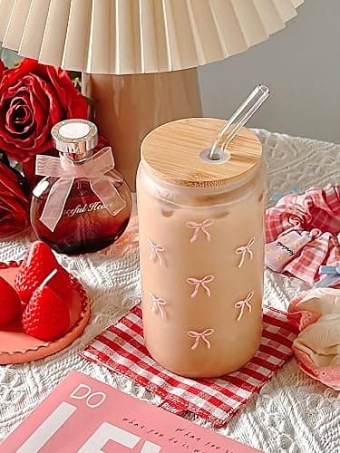 Loihayazea Cute Coquette Pink Aesthetic Bow Glass Cups with Lids and Straws, Preppy Girly Trendy Stuff Gifts for Women Teen Girls, 16oz Iced Coffee Cup, Glass Tumbler, Matcha Cup (Pink Bow) thumbnail 7