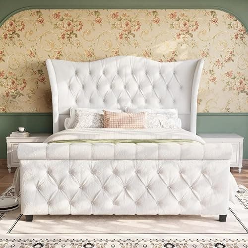 Queen Size Bed Frame-Upholstered Platform Chenille Sleigh Bed-51 inch Scroll Wingback Tall Headboard Footboard-Deep Button Tufted-Easily Assemble-Wood Slats Support-No Box Spring Required-Cream thumbnail 9