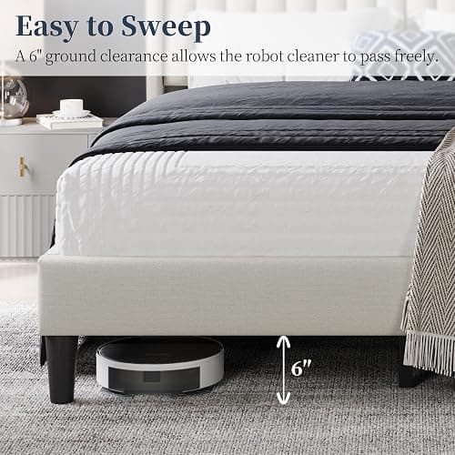 Yaheetech Queen Bed Frame Upholstered Platform Bed with Fabric Headboard, Wing Edge Design/Non-Slip and Noise-Free/Wooden Slats Support/No Box Spring Needed/Easy Assembly, Beige Queen Bed thumbnail 6