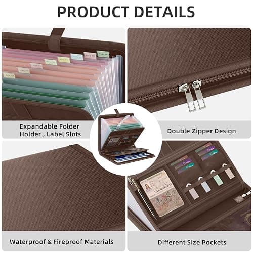 Fireproof Accordion File Organizer, Portable Expanding File Folder with Waterproof Zipper&Labels, Brown Document Organizer with 13 Pockets, File Organizer for Important Document/Paper Storage thumbnail 5