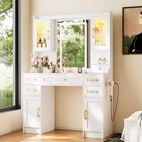 KAMABOKO Vanity Desk with Mirror & LED Lights & Power Outlet, Large Makeup Vanity Table with 5 Drawers and 4 Storage Cabinets, White Dressing Table for Bedroom - Image 1