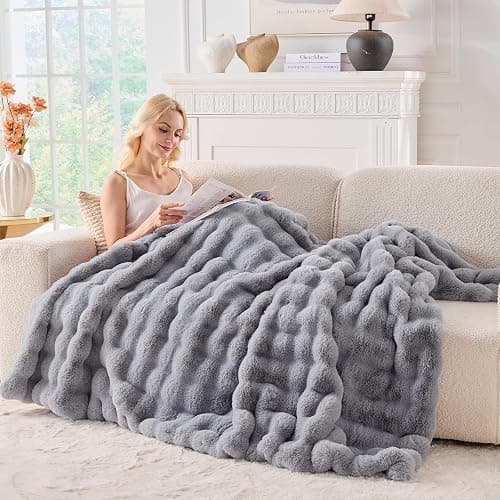 BENVWE Fluffy Faux Fur Throw Blanket for Couch, Soft Plush Thick Cozy Fuzzy Luxury Minky Bubble Blanket for Home Living Room Decor Gift for Women, Light Grey, 51" x 63", 1100GSM thumbnail 8