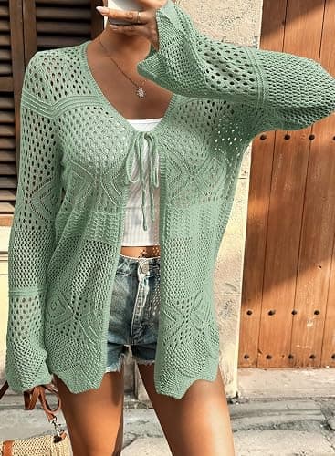 SHEWIN Crochet Cardigans for Women Long Sleeve Tie Front Bow Cardigan Sweaters Hollow Out Knit Summer Beach Vacation Coverups thumbnail 2