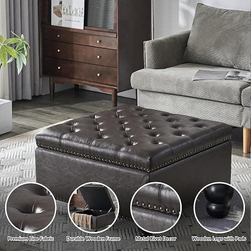 Polarisys Square Storage Ottoman Bench Ottoman Coffee Table Bench Oversized Coffee Table Ottoman Bench with Storage for Living Room, Brown thumbnail 5