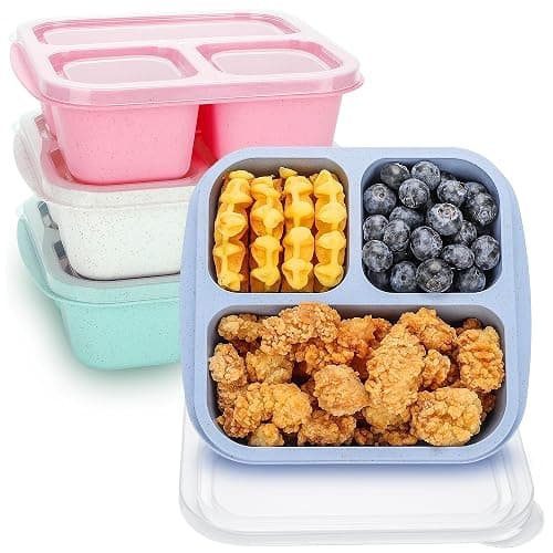 Bento Box For Kids, 4 Pack 3 Compartments Meal Prep Containers Reusable Lunch Containers, Food Storage Containers With Lids, Stackable Snack Boxes for School, Work, and Travel - Image 1