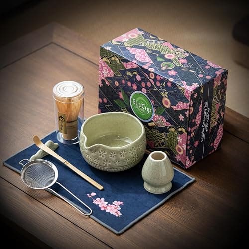 Buucup Matcha Whisk Set, Ceramic Matcha Kit Set Includes Matcha Bowl, Matcha Whisk and Holder, Bamboo Scoop, Scoop Rest, Sifter and Tea Towel - 7 Pcs Matcha Kit for Matcha Lovers (Mottled Green) thumbnail 2