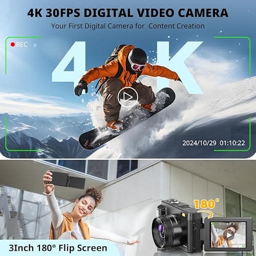 4K Digital Camera for Photography Autofocus, 2025 Latest 48MP Vlogging Camera for YouTube with SD Card, 2 Batteries, 3" 180°Flip Screen Compact Travel Camera for Teens with 16X Zoom, Anti-Shake,Black thumbnail 2