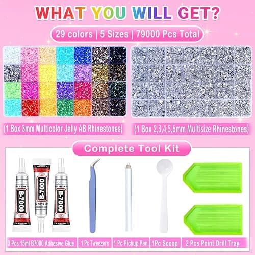 79000Pcs Jelly Rhinestones for Bedazzling, 2 Boxes Multicolor 3mm & Silver Clear 2/3/4/5/6mm Resin Flatback Gems for Crafting, Bedazzler Kit with 3Pcs 15ml B7000 Jewelry Glue for Crafts Clothes Book thumbnail 7